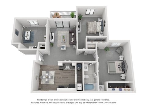 Floor plan for 2 beds, 1 bath, 1001 sqft
